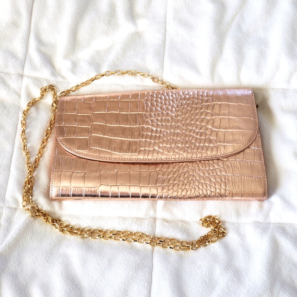 Faux Crocodile Metallic Rose Chain Strap Clutch